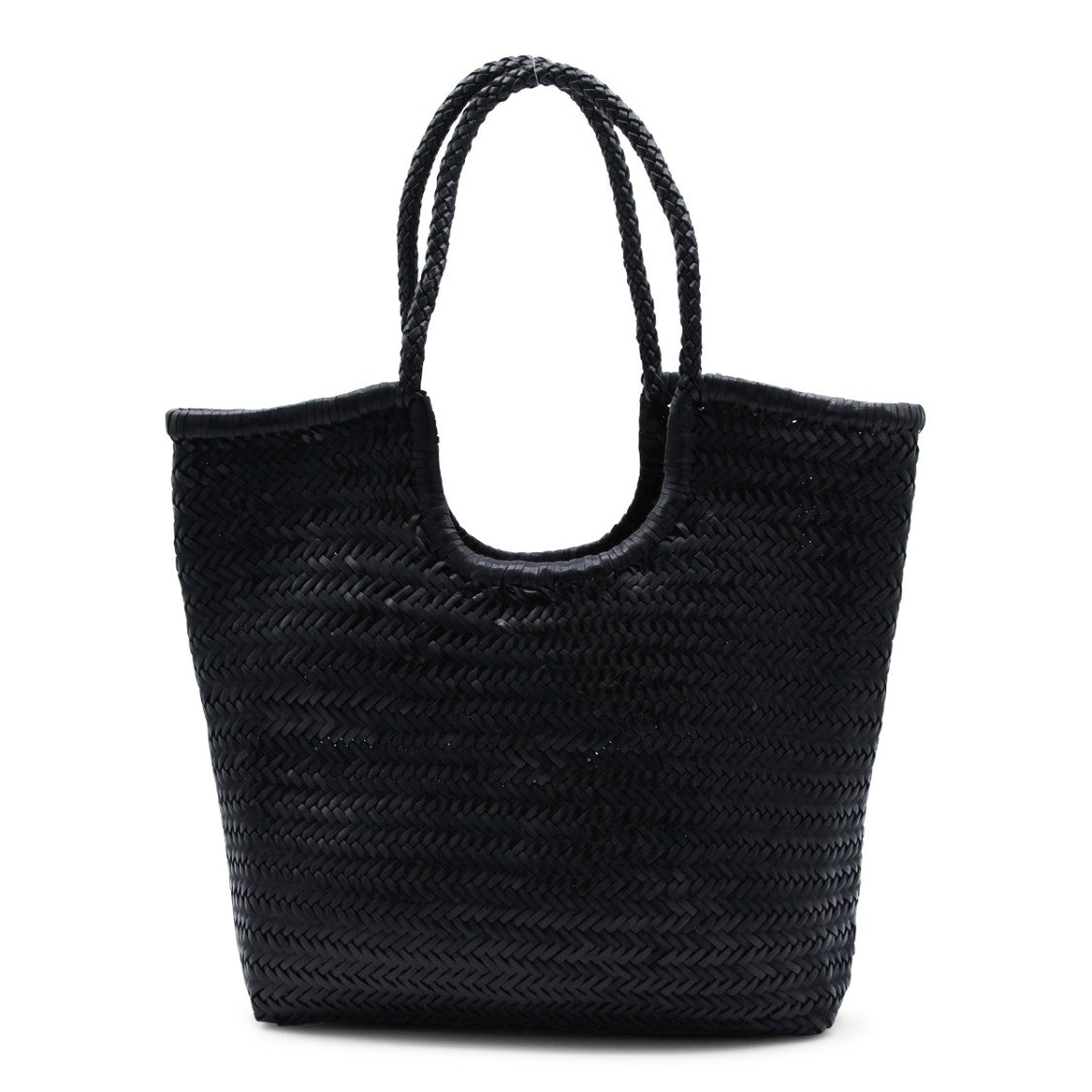 Dragon Diffusion Diagonal Woven Black Leather Tote With Braided Handles