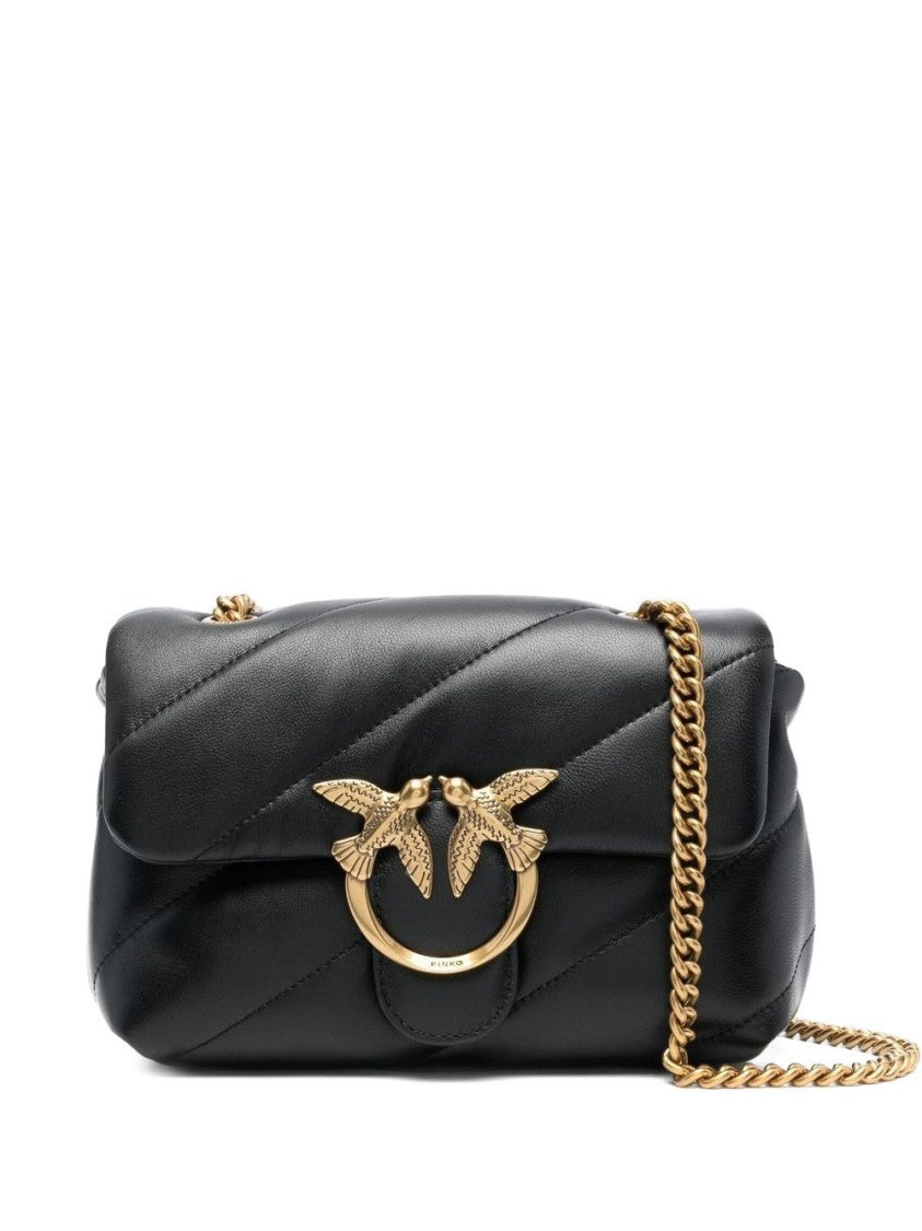 Pinko Quilted Black Shoulder Bag With Gold-Tone Bird Motif