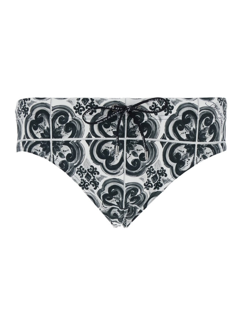 Dolce & Gabbana Tile-Inspired Swim Brief With Drawstring Waist