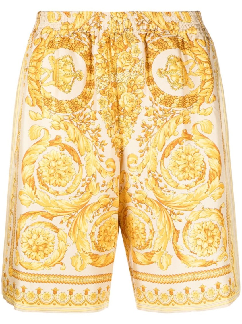 Versace Beige And Yellow Silk Barocco Print Shorts