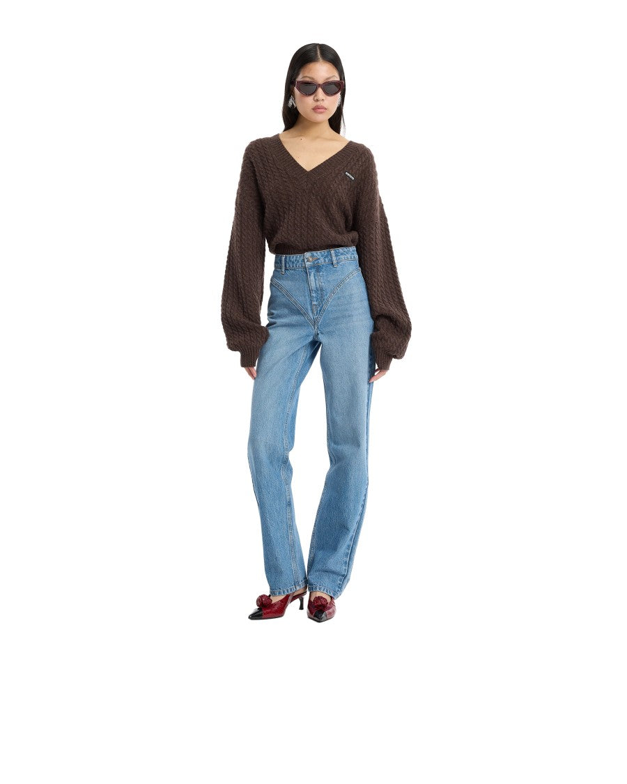 Rotate Cropped Cable-Knit Sweater With Deep V-Neck And Ribbed Edges