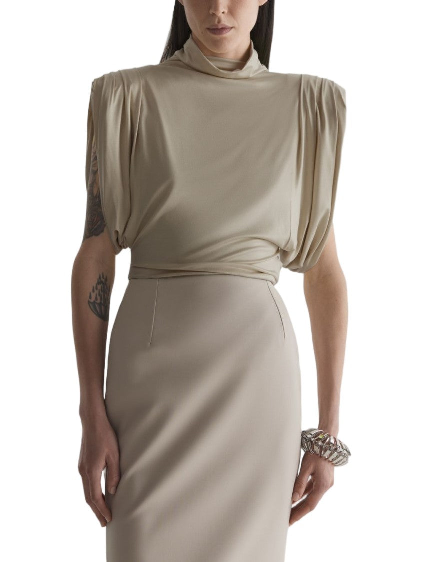 Mugler Brown Draped High Neck Long Top