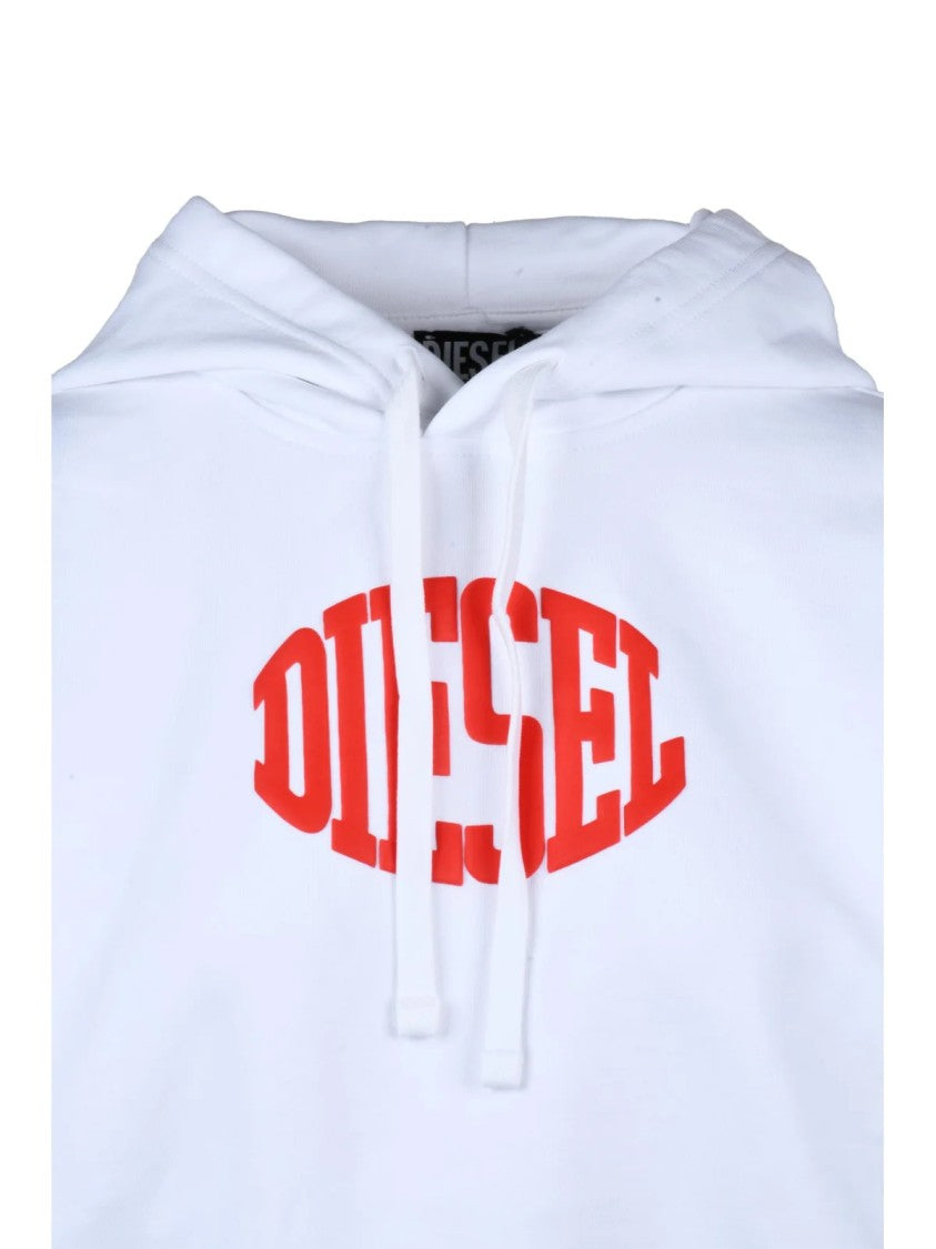 Diesel Cropped White Hoodie With Bold Red Logo And Adjustable Drawstring