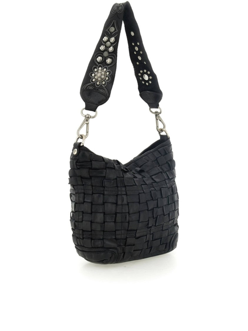 Campomaggi Textured Black Handbag With Floral Embellishments