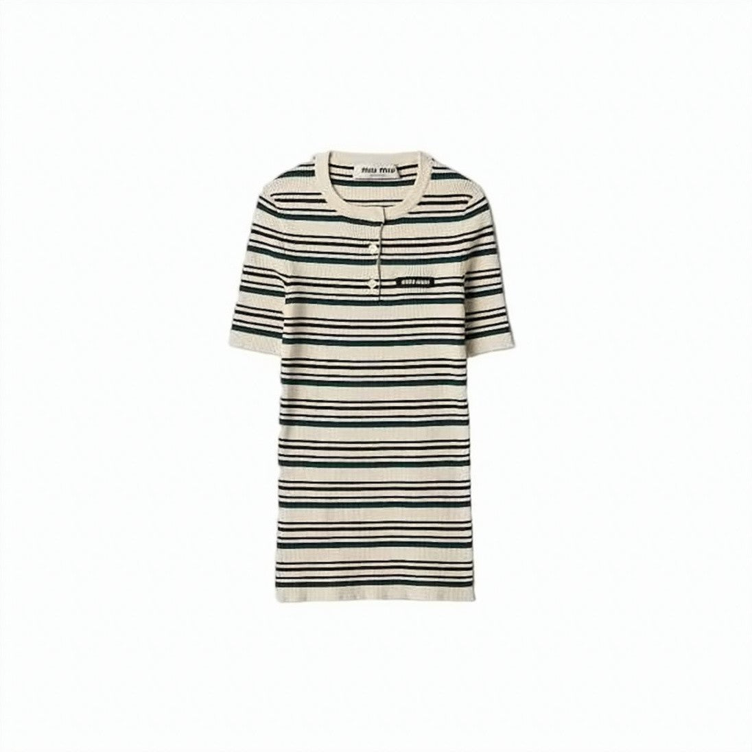 Miu Miu Ribbed Knit Sweater With Horizontal Stripes And Button Placket
