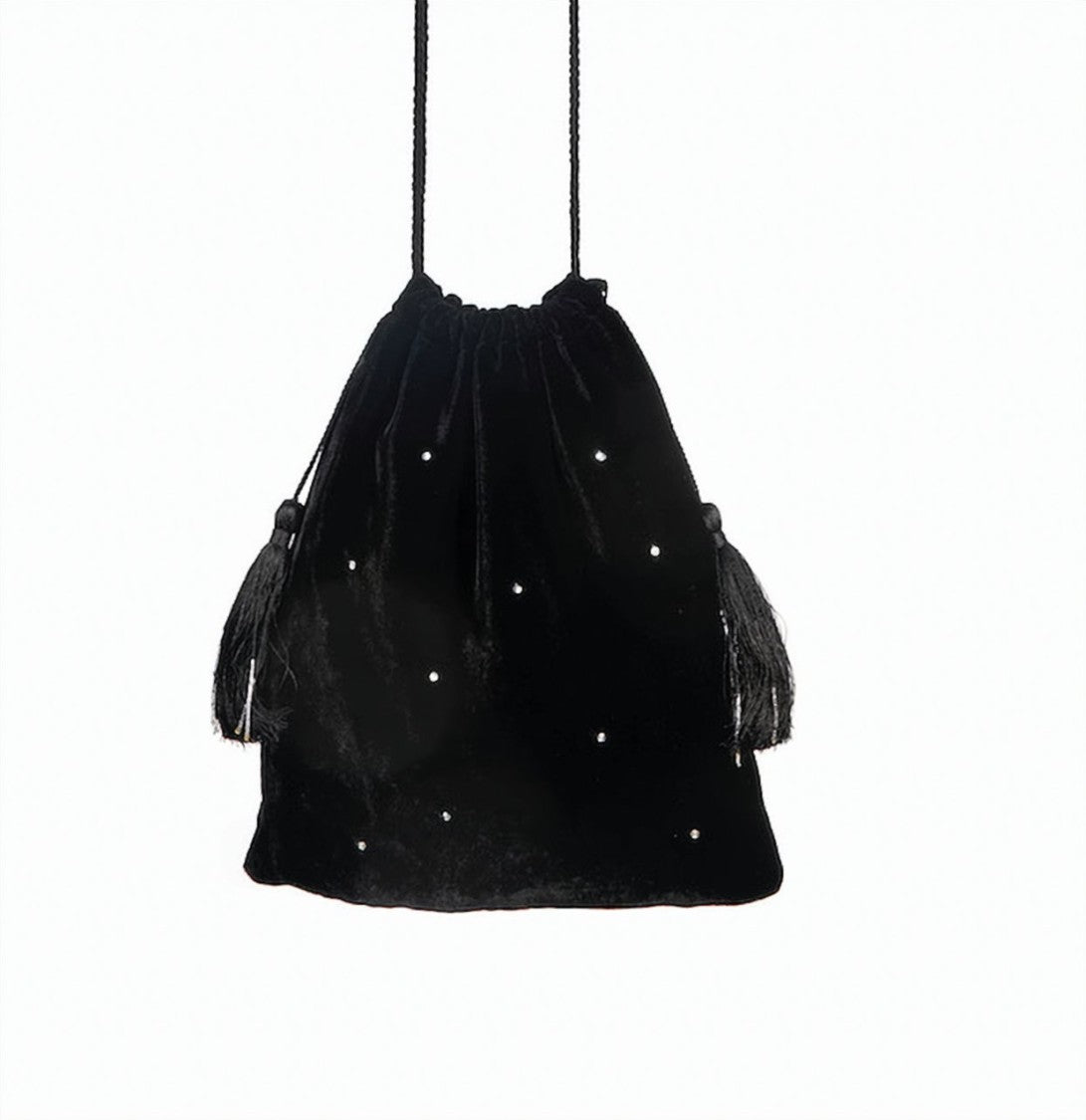 Hamoulet Black Velvet Drawstring Bag With Intricate Silver Embroidery