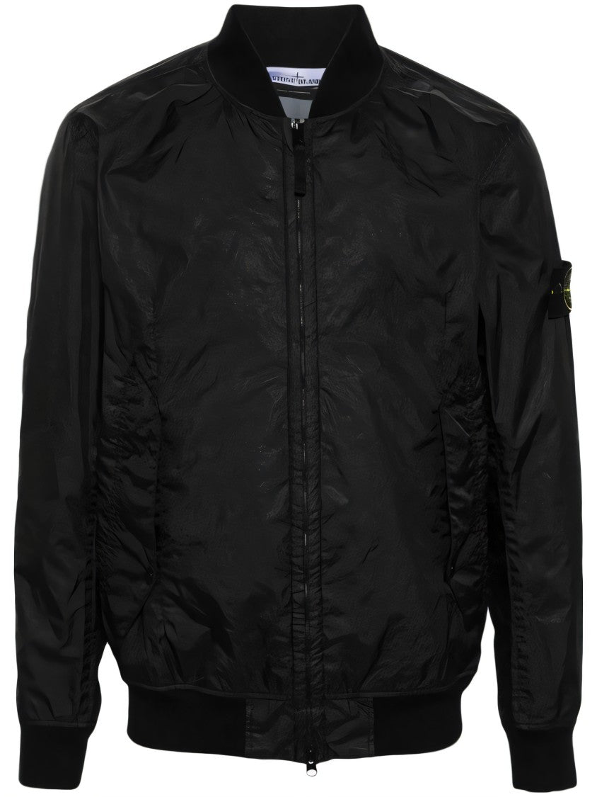 Stone Island Black Leather Jacket With Zip Front And Logo Patch