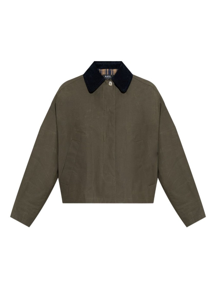 A.P.C. Cropped Olive Green Coat With Corduroy Collar
