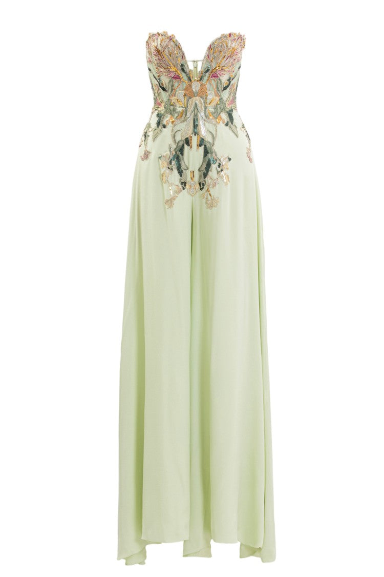 Saiid Kobeisy Embroidered Crepe Georgette Jumpsuit With Strapless Sweetheart Neckline