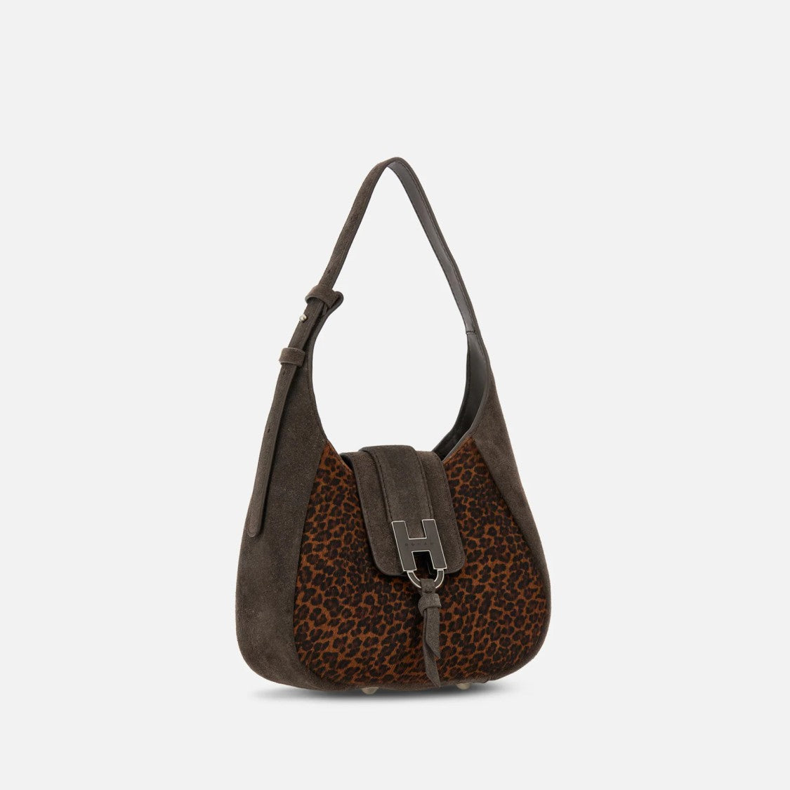 Hogan Leopard Print Suede Curved Medium Shoulder Bag