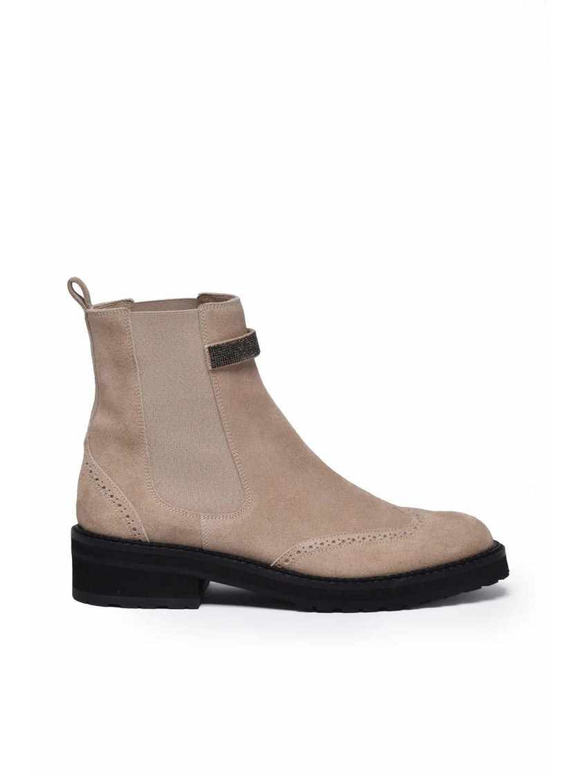 Eleventy Beige Brogue Detailing Suede Rubber Sole Boots