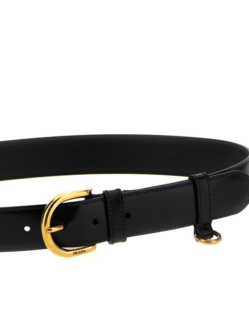 Prada Polished Black Leather Belt With Gold-Tone Buckle