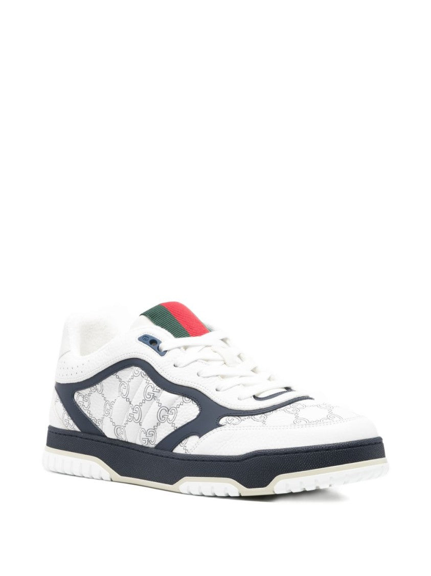 Gucci White Calfskin Flat Shoes With Navy Overlays