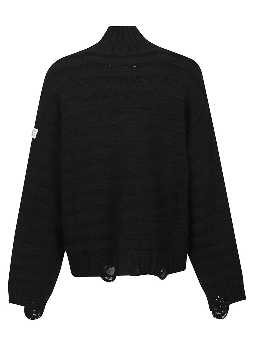 Mm6 By Maison Margiela Textured Knit Black Turtleneck Sweater With Logo Detail