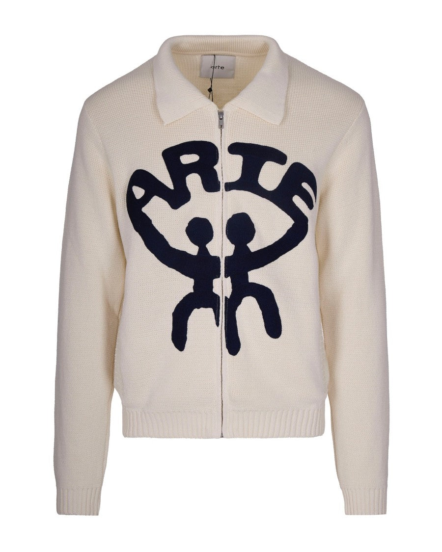 Arte Antwerp Cream Cotton Knit Cardigan With Graphic Embroidery
