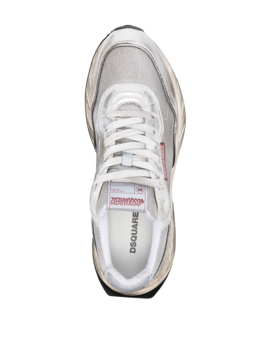 Dsquared2 Vintage-Effect Silver Leather Mesh Sneakers