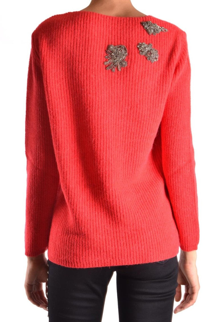 Ermanno Intricate Knit Red Sweater With Metallic Embellishments