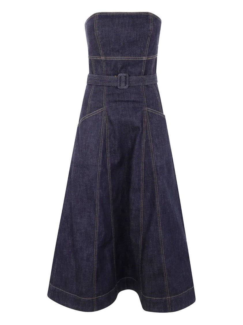 Self-Portrait Strapless Belted Denim Midi Dress