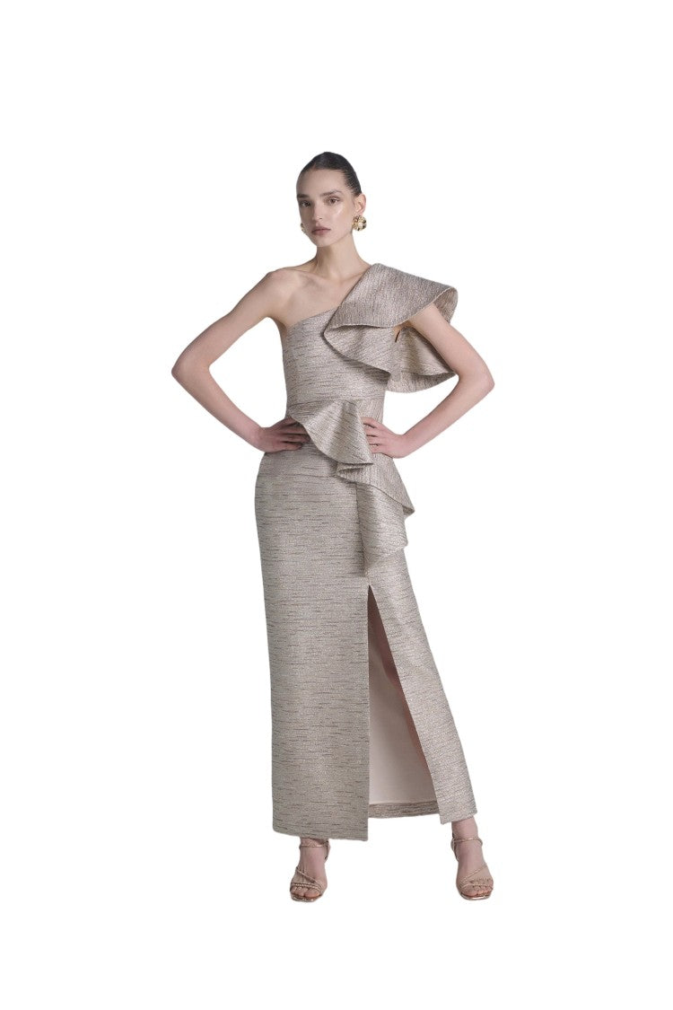 Saiid Kobeisy Ruffled Light Gold Brocade Dress