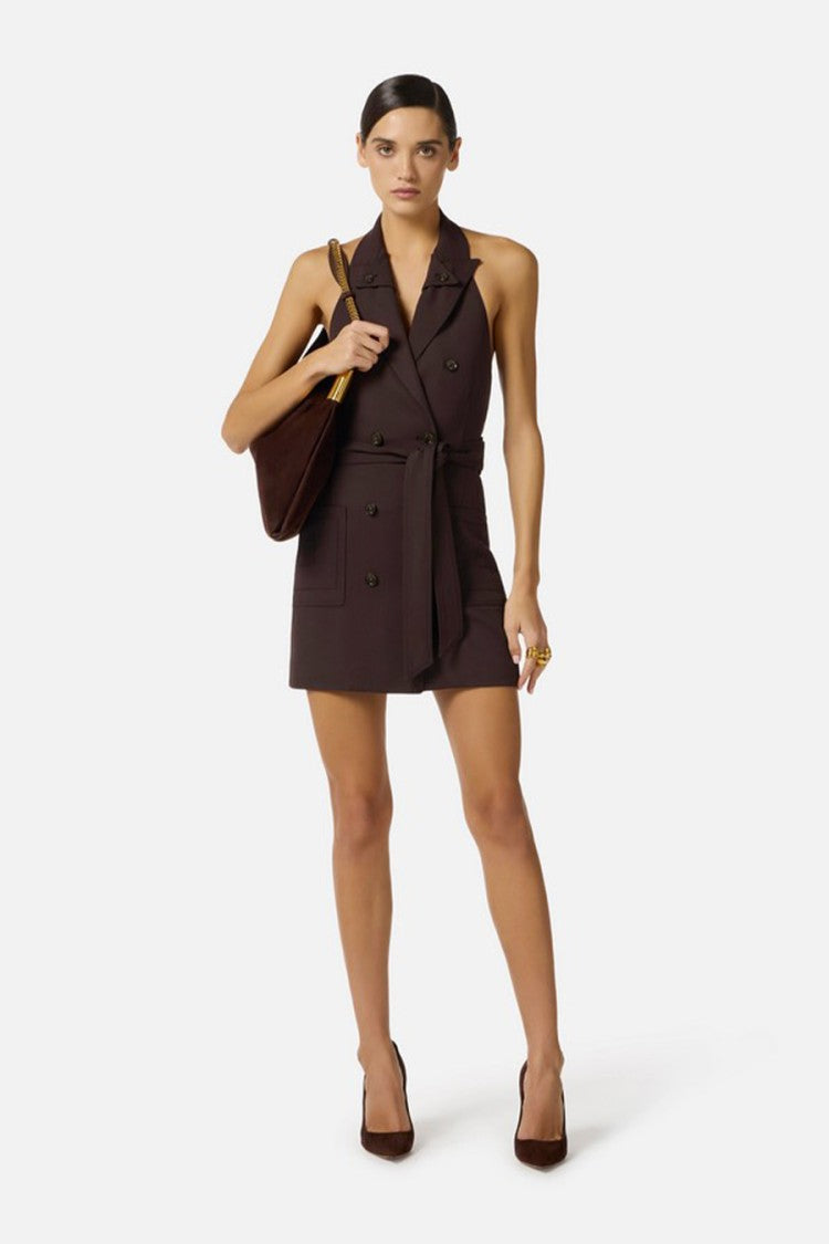 Elisabetta Franchi Brown Double-Breasted Halter V-Neck Viscose-Blend Mini Dress