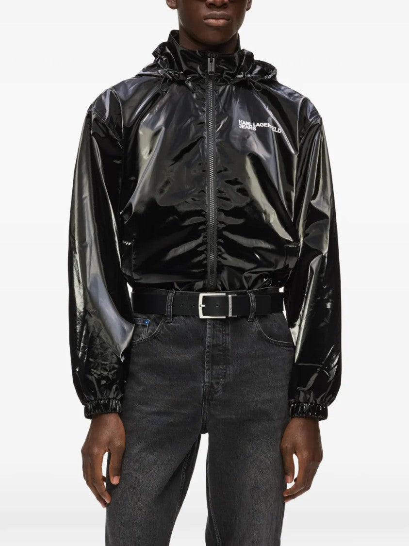 Karl Lagerfeld Glossy Black Finish Casual Jacket With Adjustable Hood