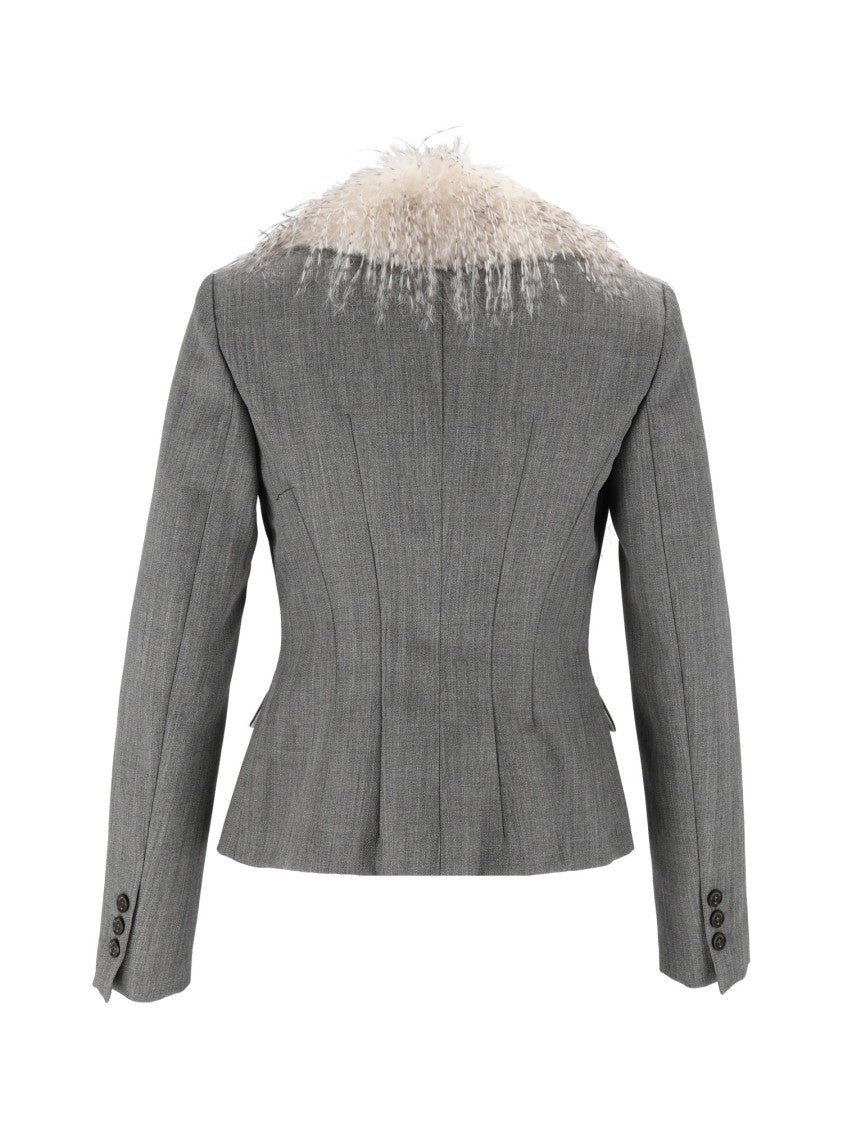 Elisabetta Franchi Virgin Wool Fur Collar Tailored Jacket