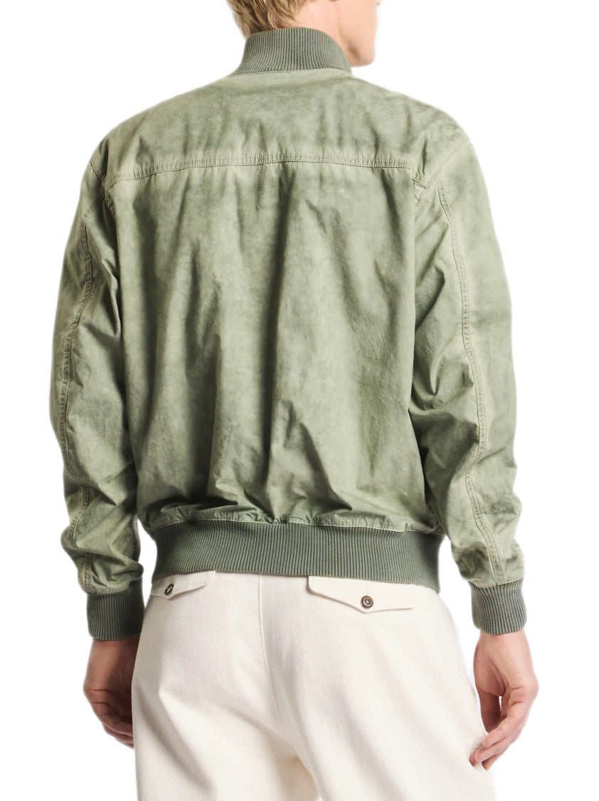 Fay Washed Green Cotton Canvas Bomber Jacket With Ribbed Knit Details