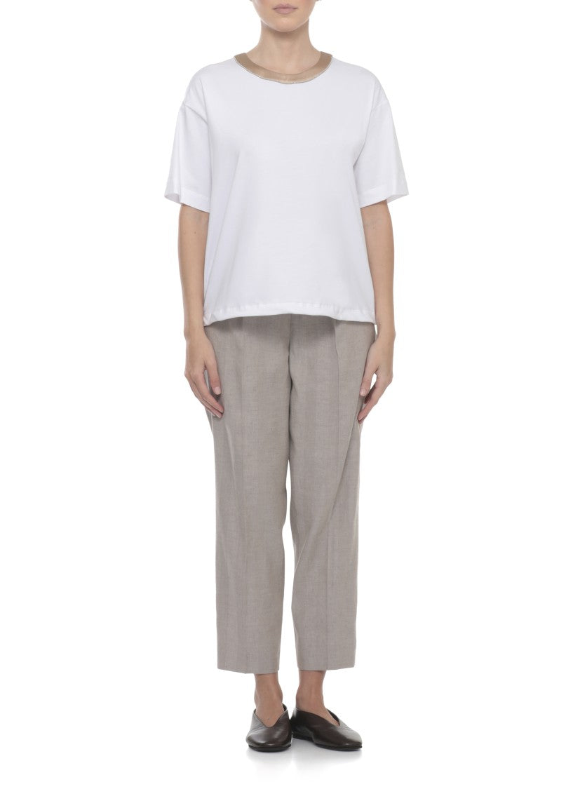 Peserico White Cotton-Blend Silk-Trim T-Shirt
