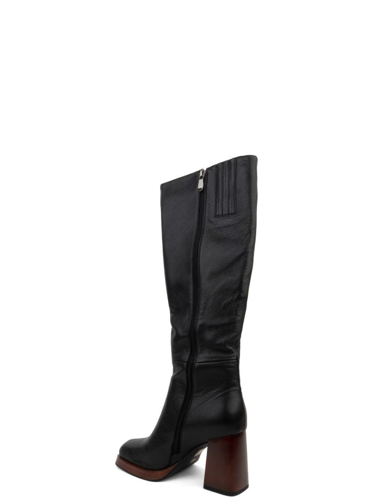 Adrianna Feretti Black Smooth Leather Block Heel Side Zip Long Boots