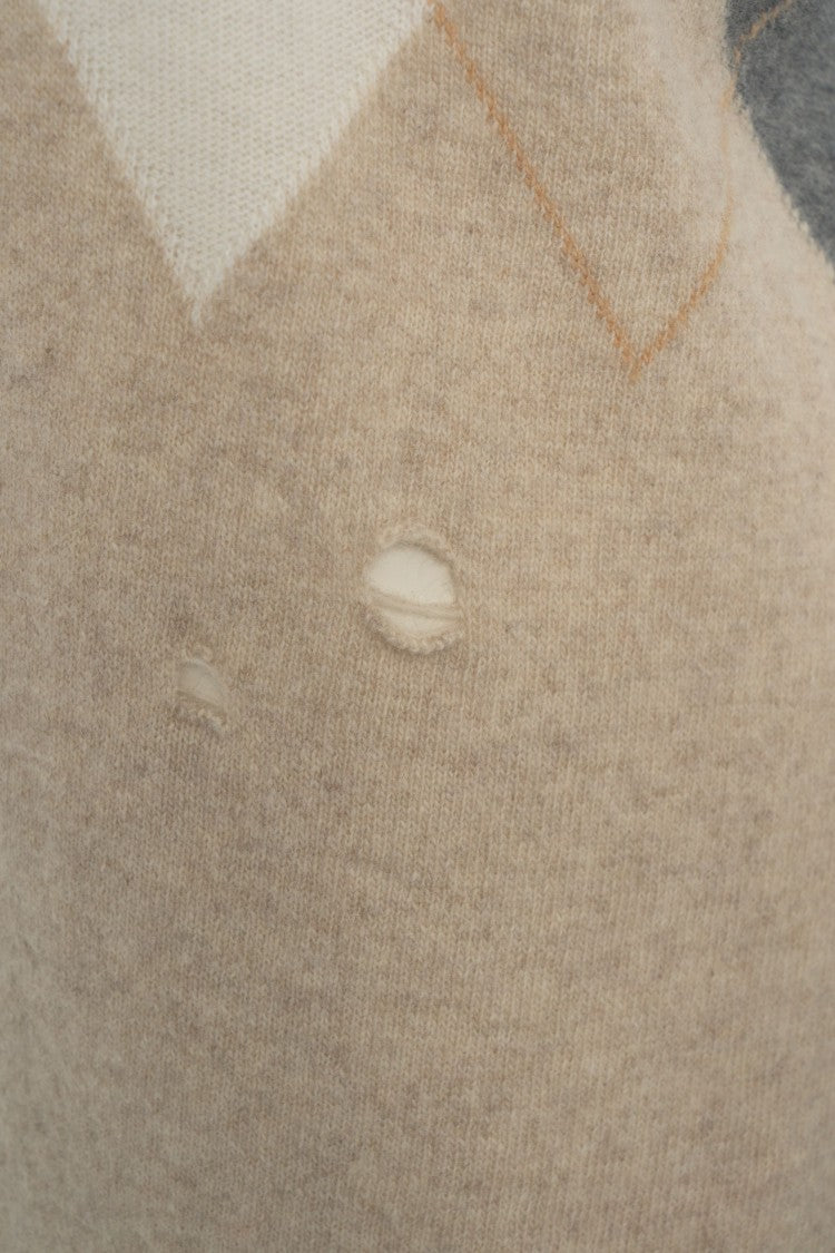 Jeio Oversized Knitted Gilet With Diamond Pattern And Distressed Details