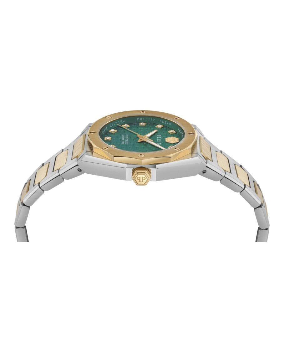 Philipp Plein 36Mm Two-Tone Crystal-Accented Watch With Green Guilloche Dial