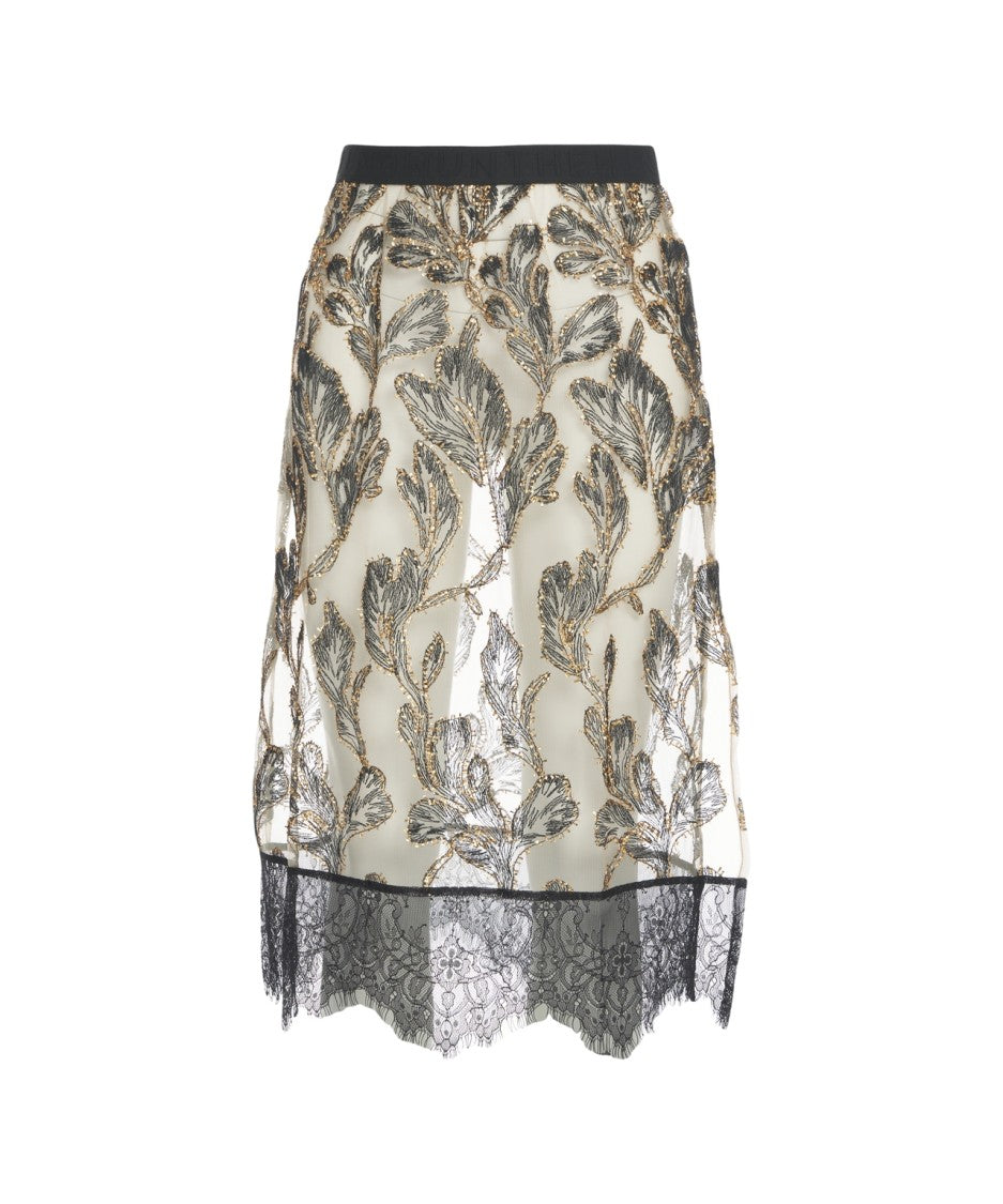 Munthe Embroidered Midi Skirt With Sheer Fabric And Lace Trim