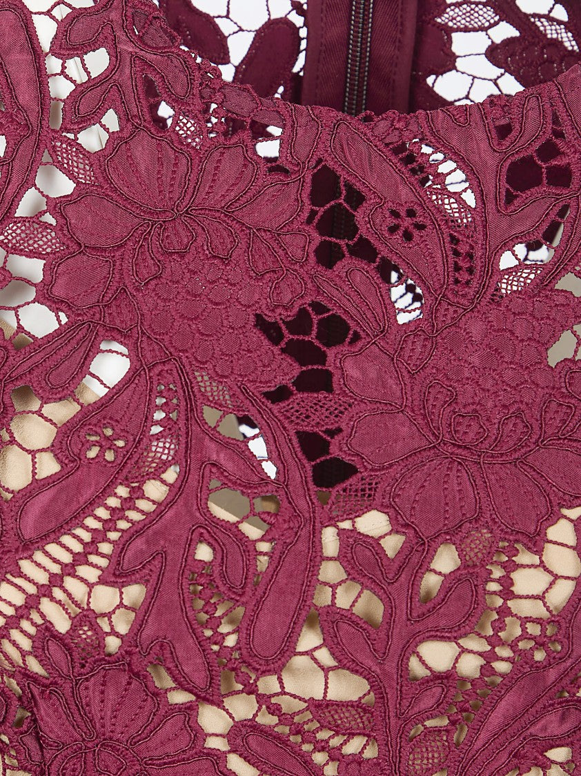 Self-Portrait Burgundy Guipure Lace Midi Dress With Removable Belt
