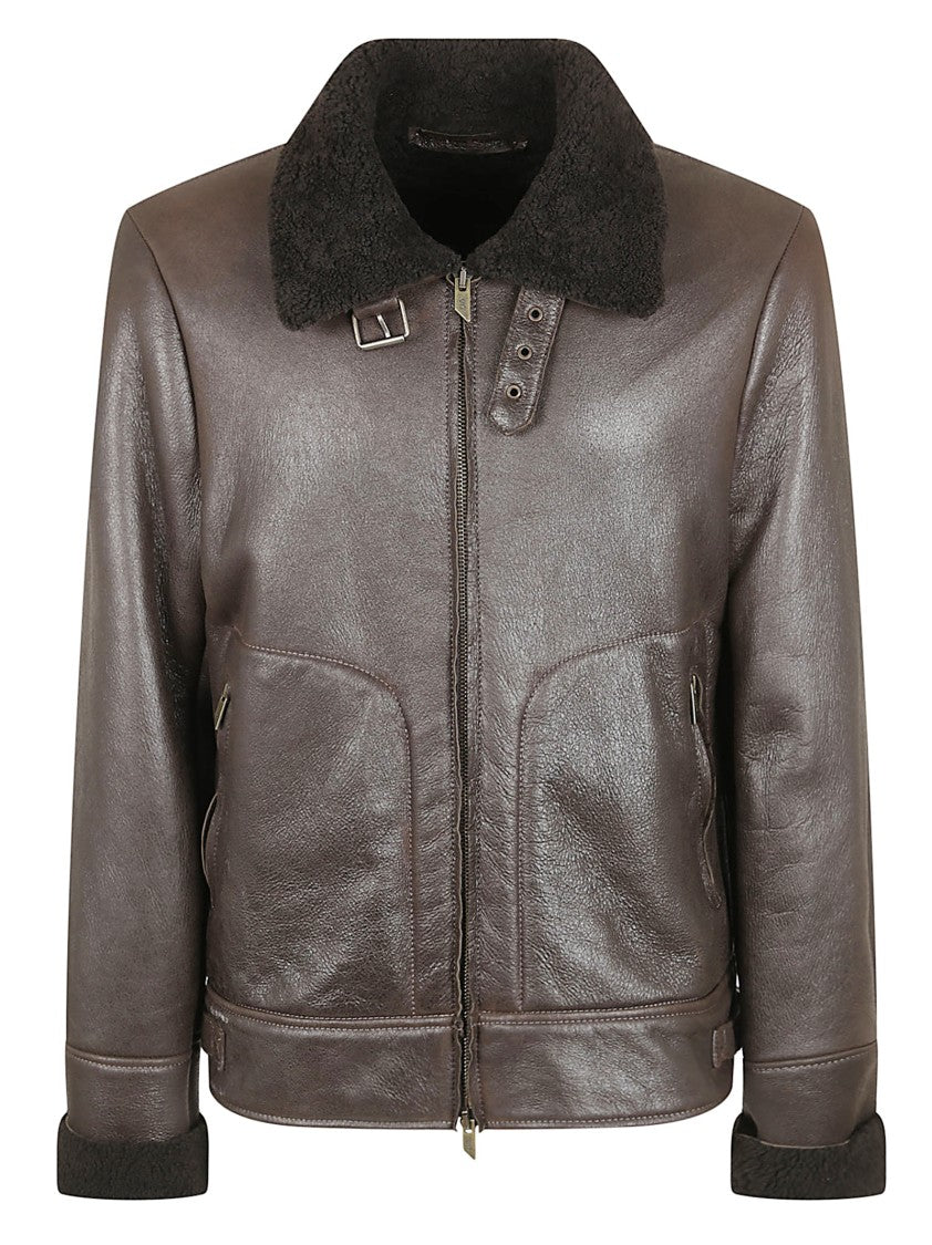 Salvatore Santoro Brown Sheep Skin Jacket With Shearling Collar And Structured Silhouette