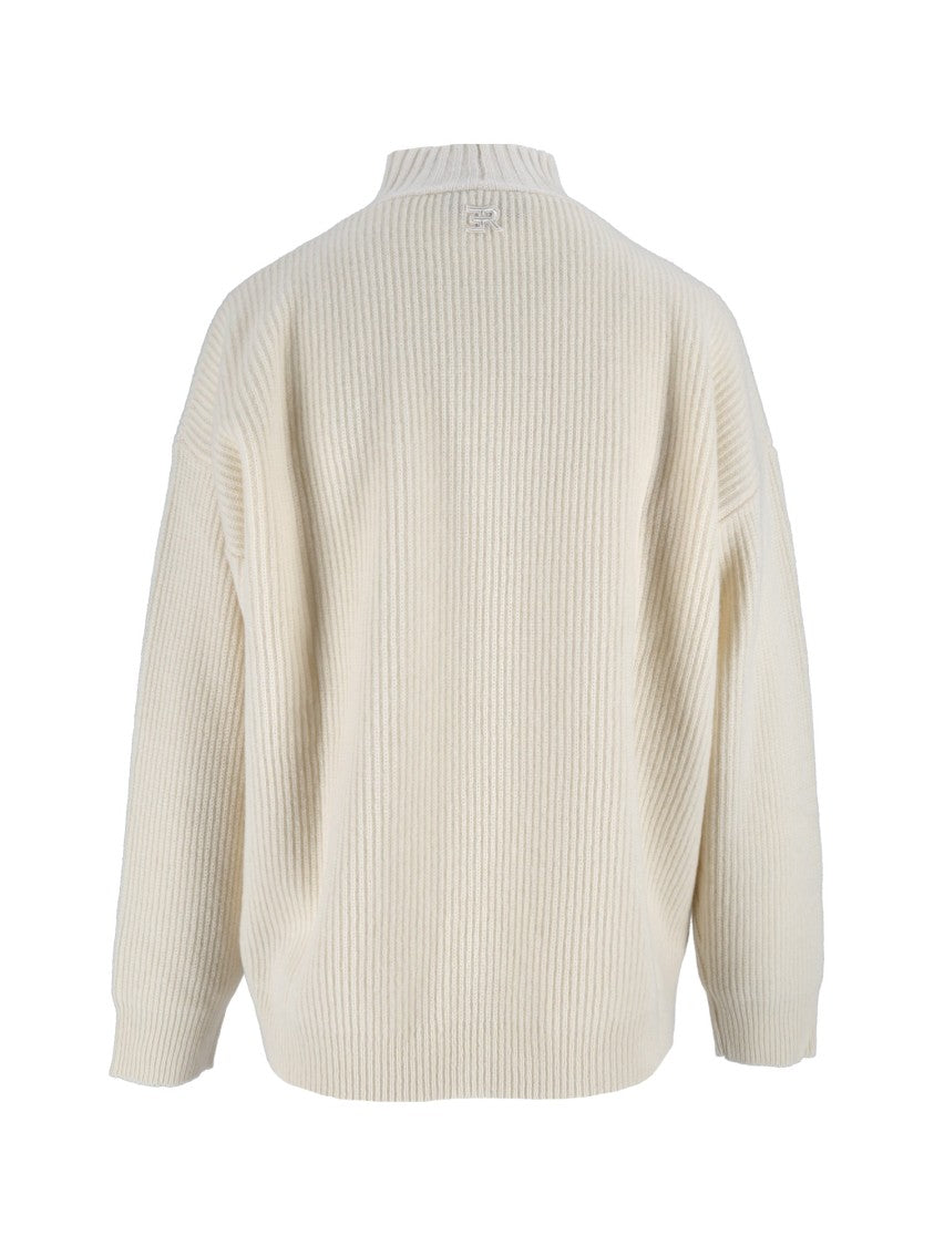 Ermanno Scervino High Mock Neck Lace Detail Ribbed Knit Sweater