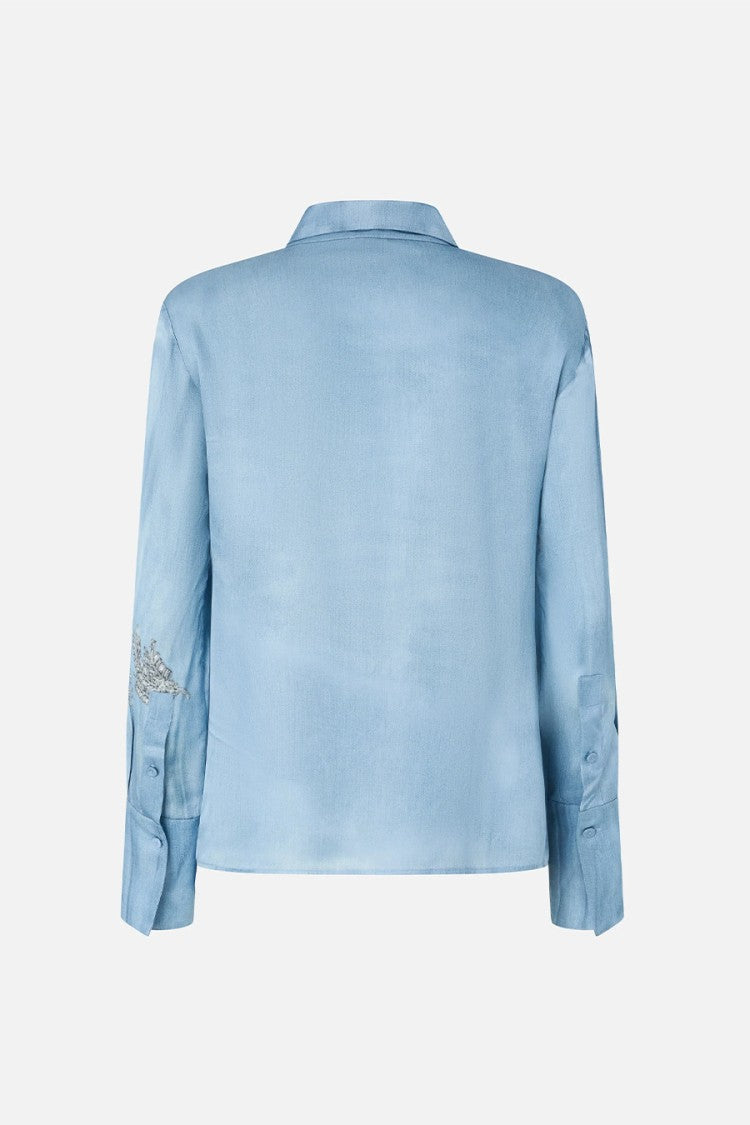 Pinko Blue Crystal Floral Embroidery Viscose Satin Shirt