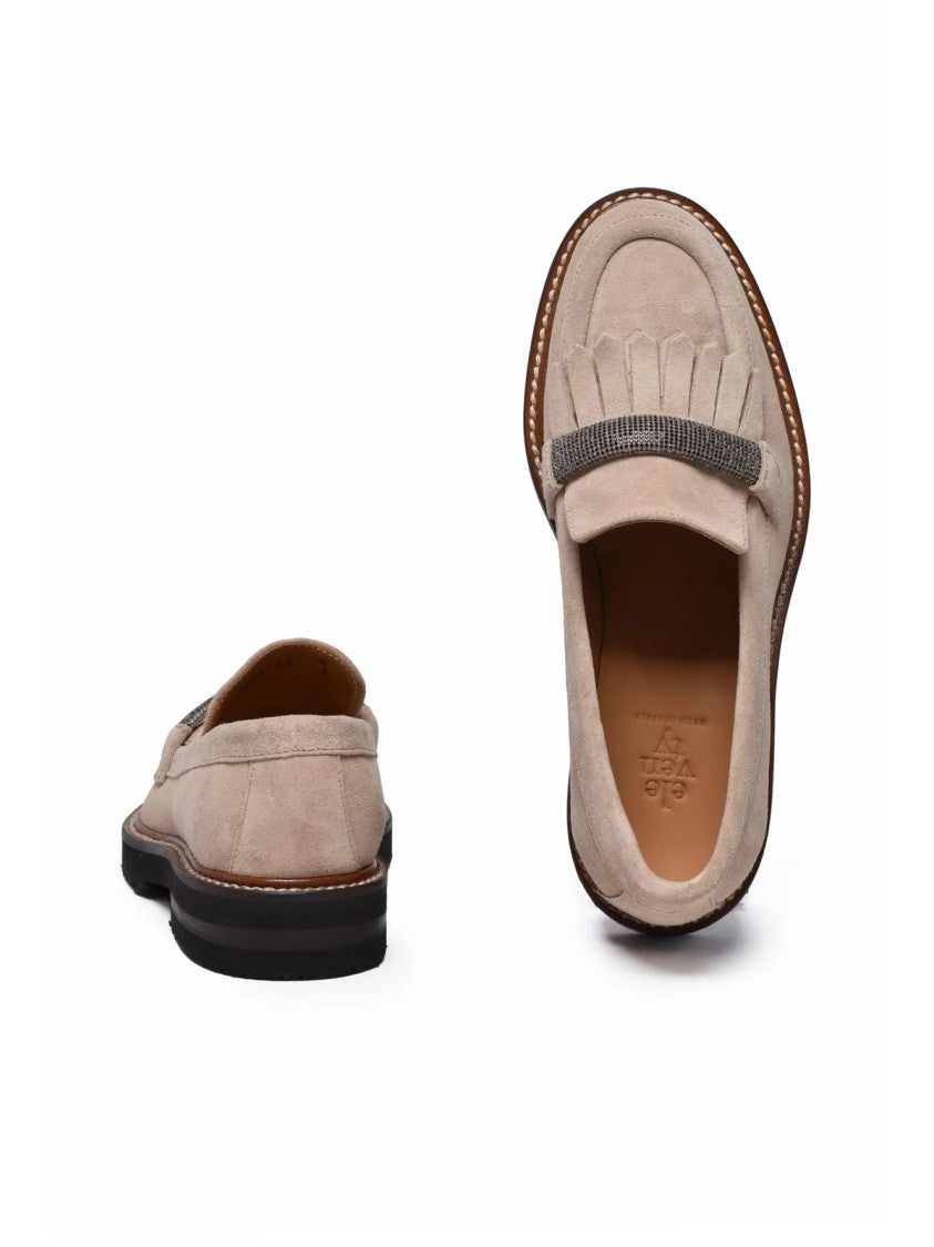 Eleventy Beige Fringe Detail Textured Strap Suede Loafers