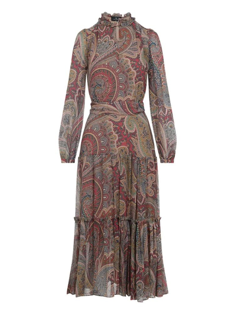 Etro Multicolored Paisley Midi Dress With Ruffled Neckline And Tiered Hem