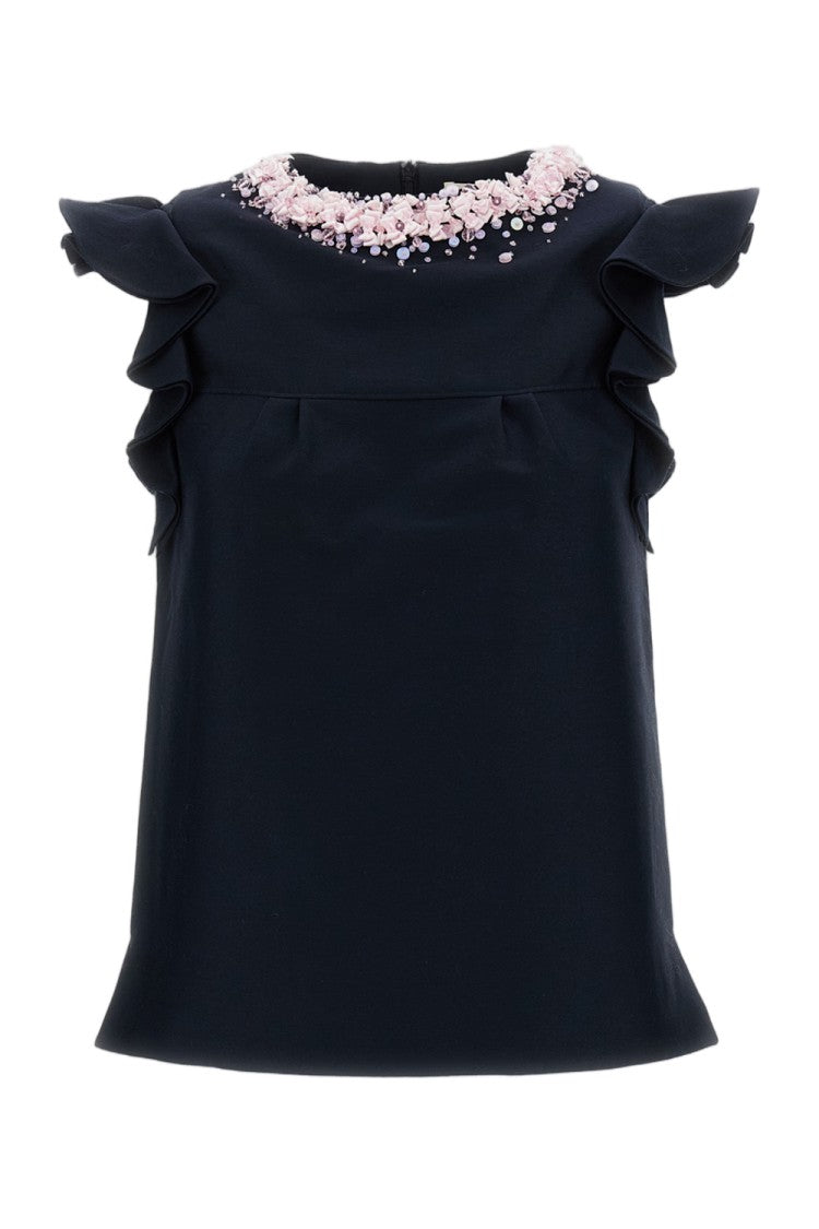 Shushu/Tong Blue Lace Cap Sleeve Bow Embellished Wool-Blend Top