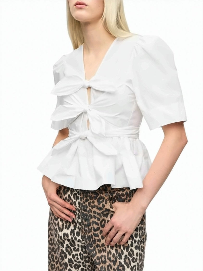 Ganni White V-Neck Blouse With Bow Ties And Peplum Hem
