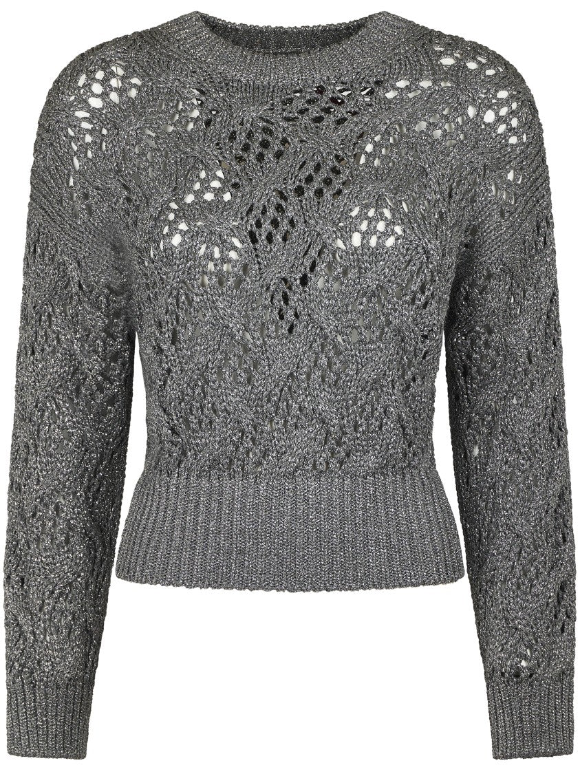 Max Mara Cropped Grey Open-Knit Sweater With Metallic Finish