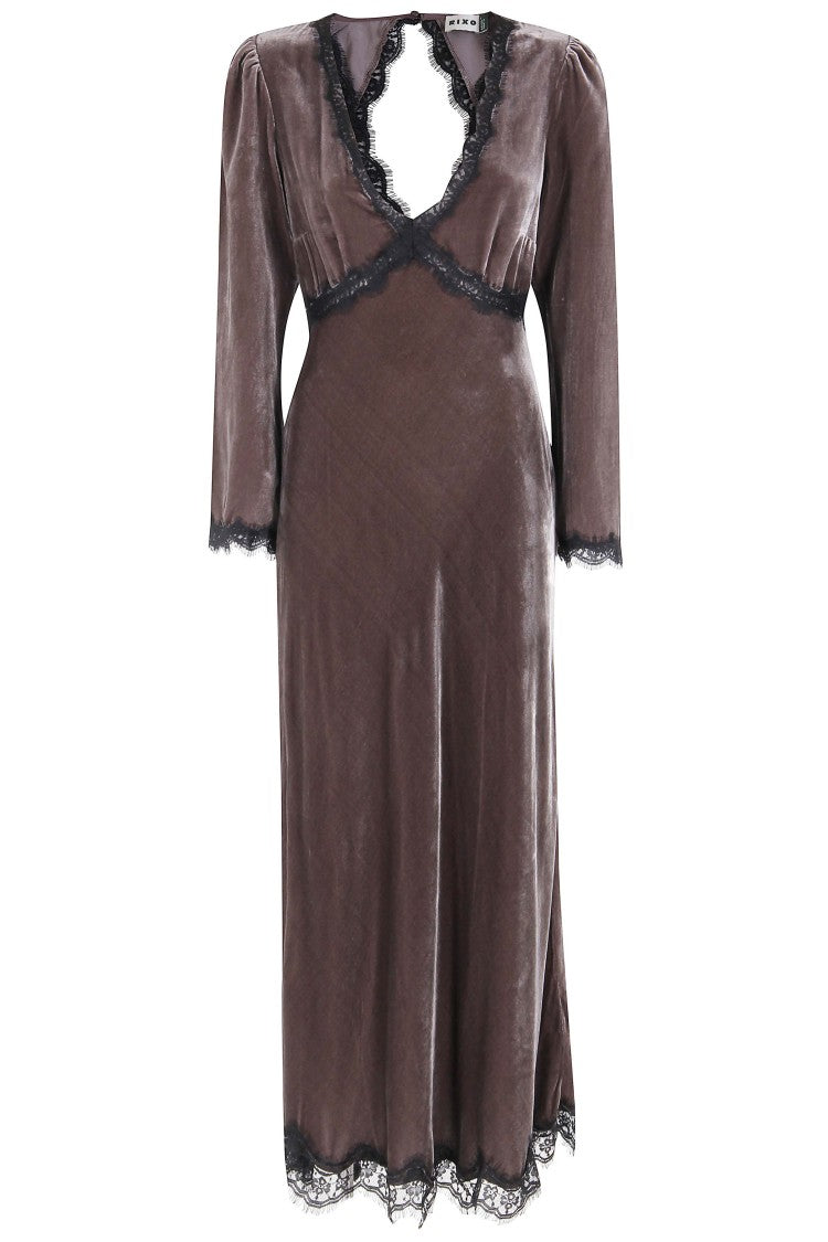 Rixo Brown Velvet Midi Dress With Lace Trim