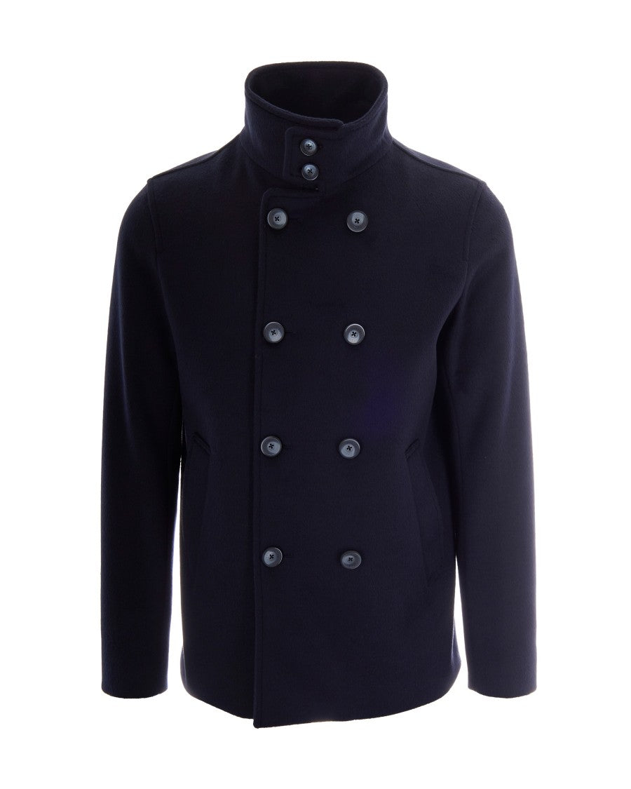 Herno Navy Blue High Neck Double-Breasted Coat
