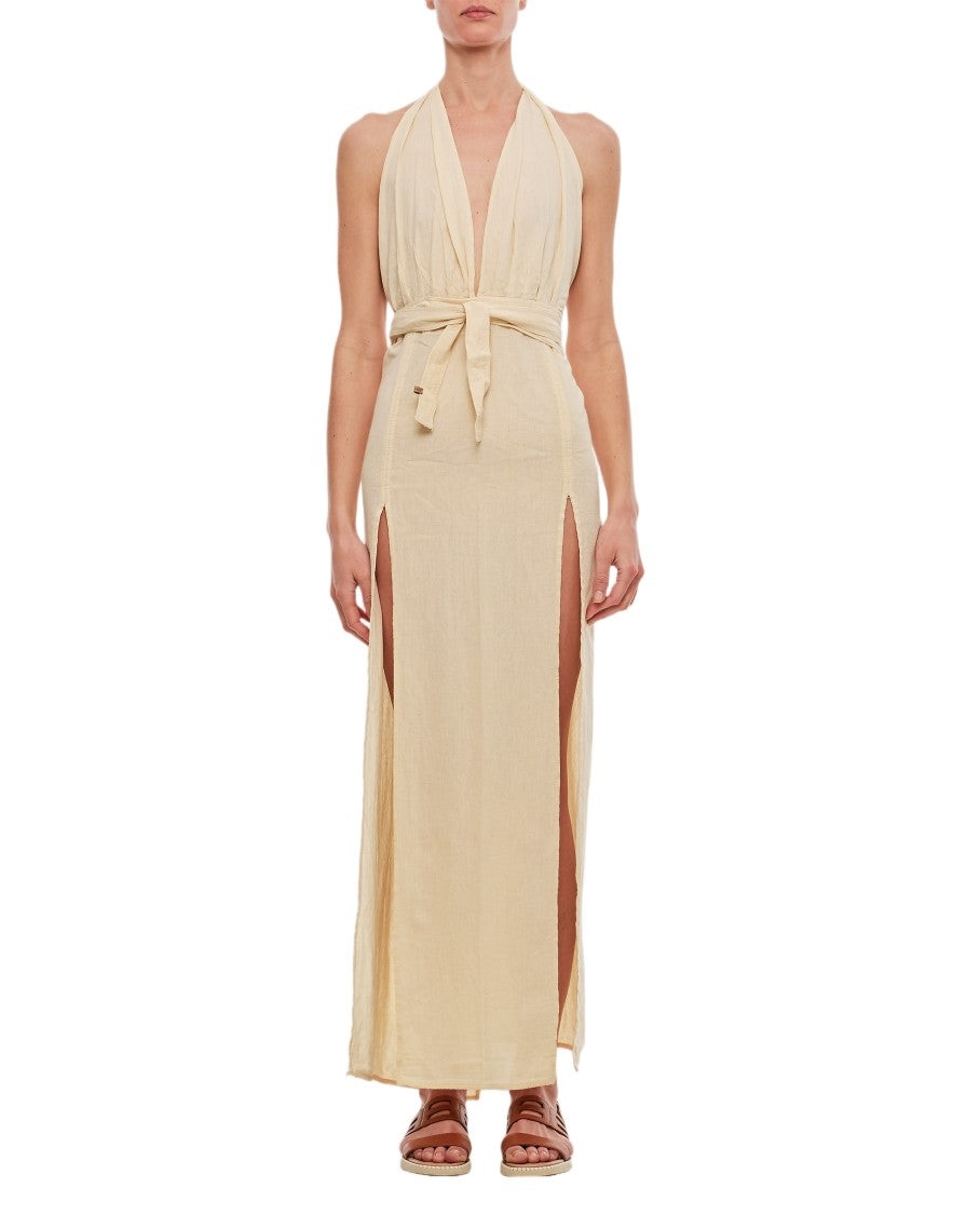 beige cotton maxi dress Beige Cotton Flax A-Line Front Slit Maxi Dress 56" / Custom Height (Free)