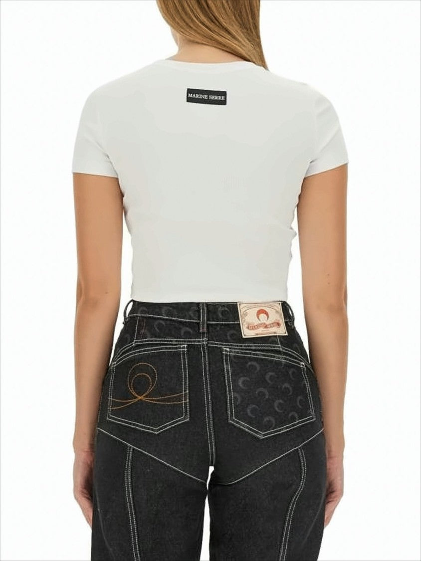 Marine Serre Fitted White Crop Top With Unique Cut-Out Detail