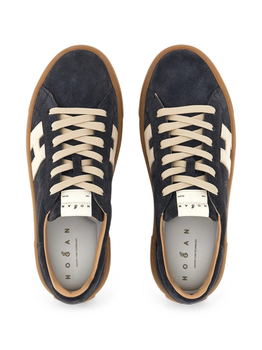 Hogan Low-Top Navy Suede Sneakers With Beige Accents And Textured Sole