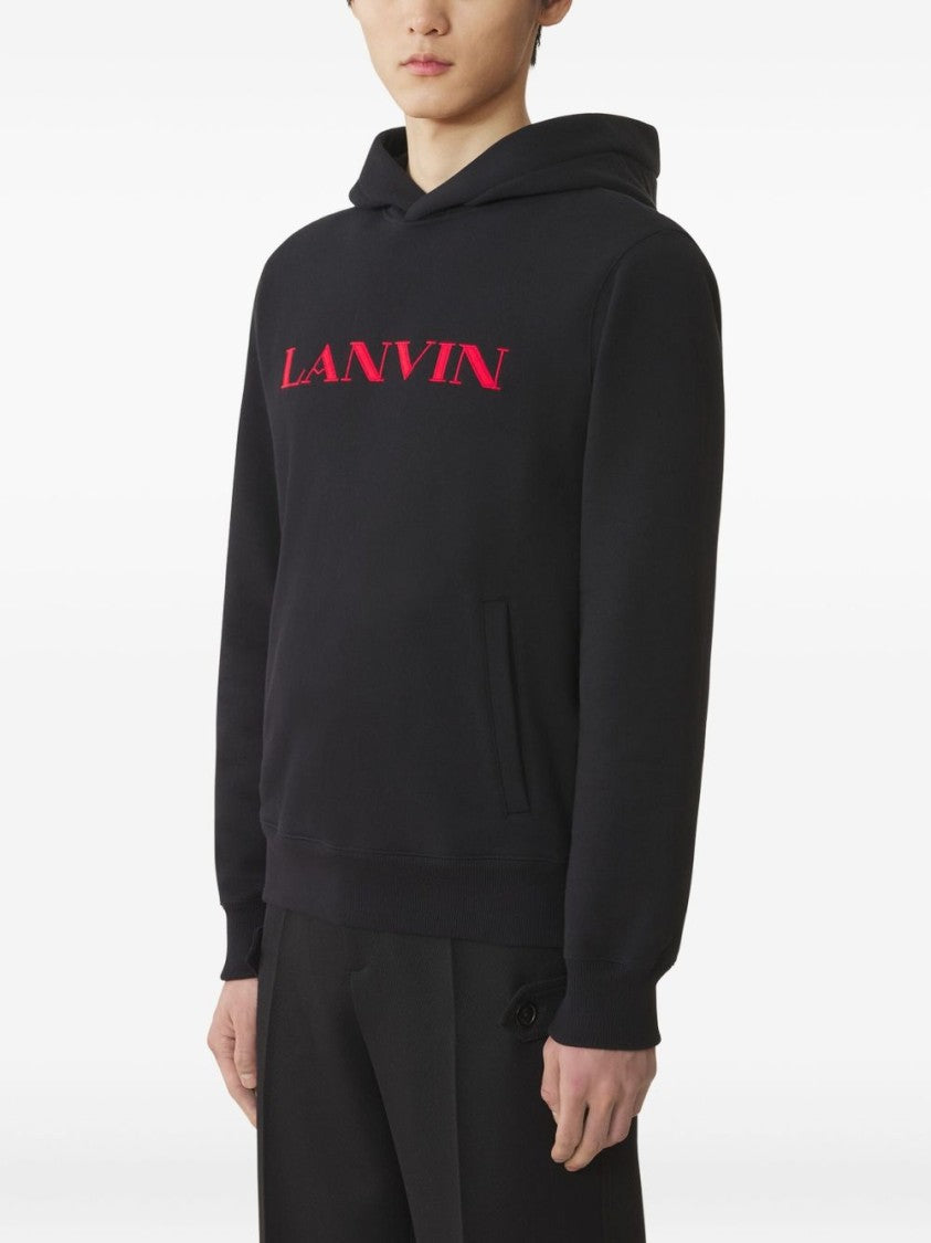 Lanvin Black Ribbed Trim Cotton Crew Neck Hoodies
