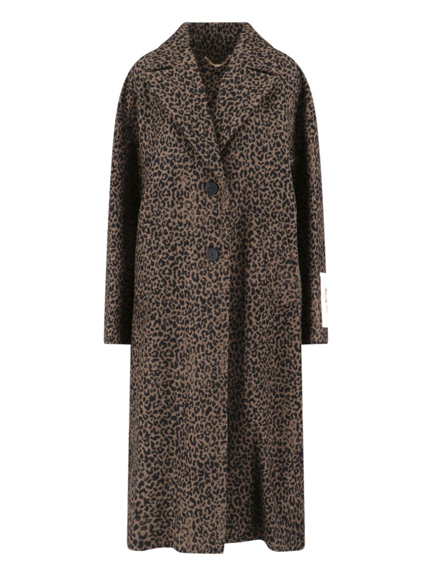 Golden Goose Cocoon Brown Wool Blend Coat With Leopard Print