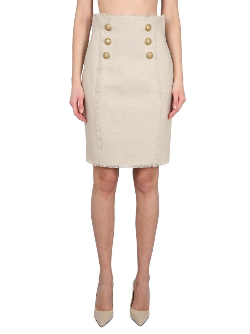 Balmain Fitted Linen Midi Skirt