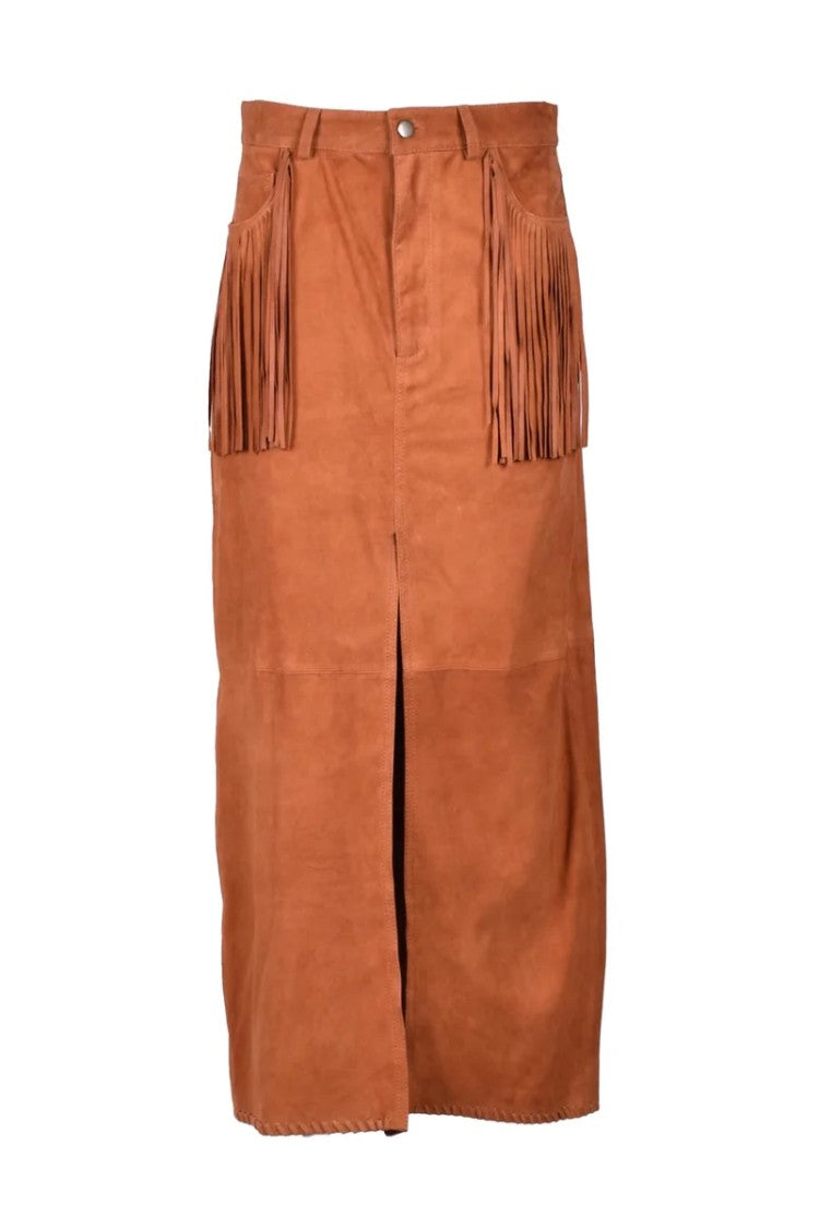Wild Cashmere Long Suede Leather Skirt - Cognac